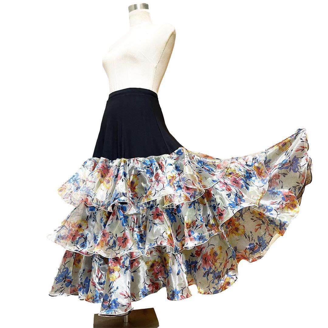 【新品】社交ダンススカート/ラッフルフリルたっぷり/M〜L付近