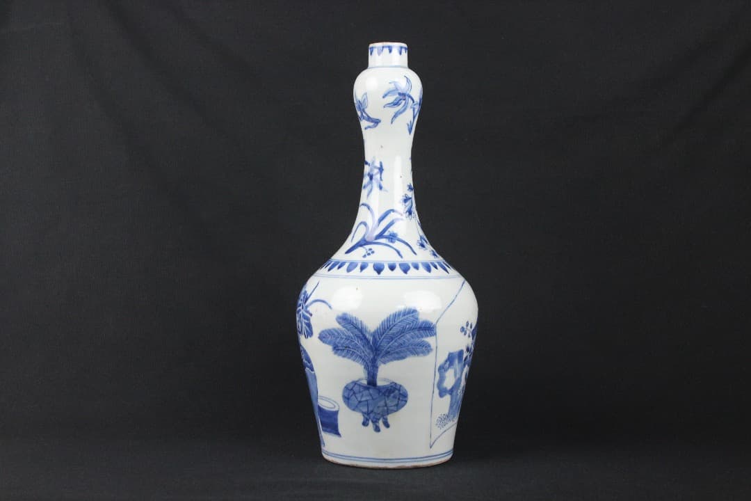 中国美術 清時代 　青花 博古文 長頸瓶 時代品 古磁 ENM23-5