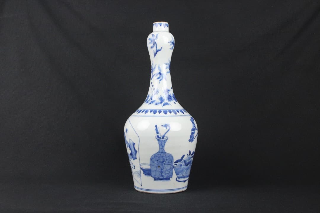 中国美術 清時代 　青花 博古文 長頸瓶 時代品 古磁 ENM23-5