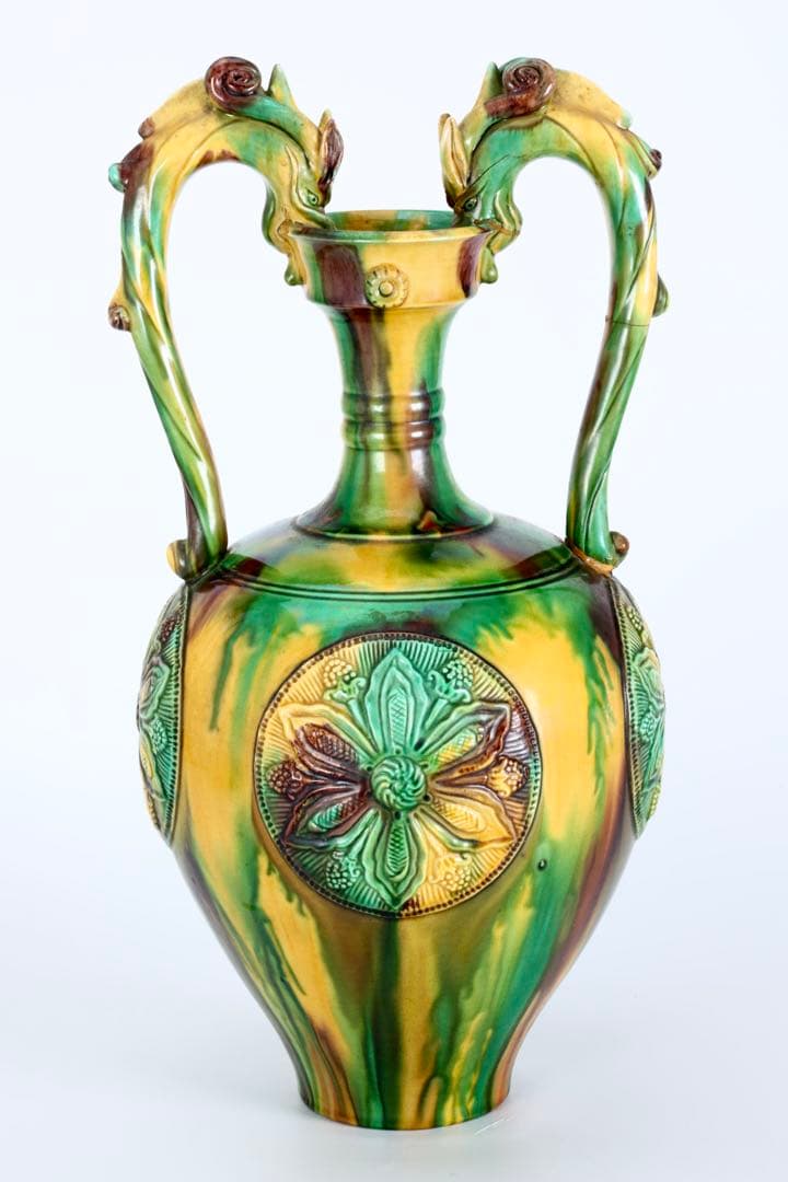 十三代 横石嘉助 長崎三彩 龍耳壺 高さ42cm 大型花瓶 飾壺 古美術 骨董品