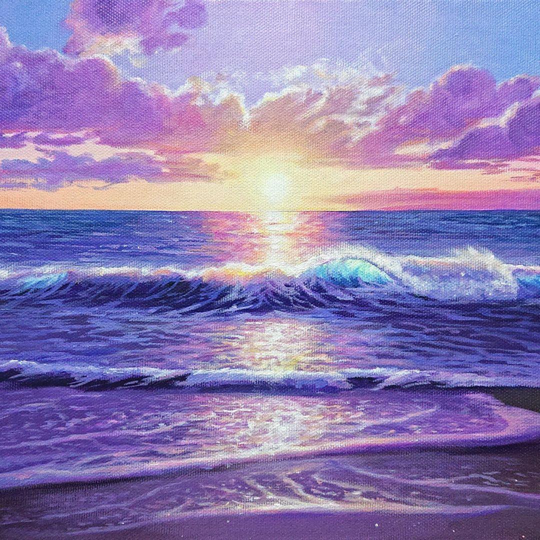 【夕闇が迫る頃】アクリル画 F3 風景画 絵画 海の絵