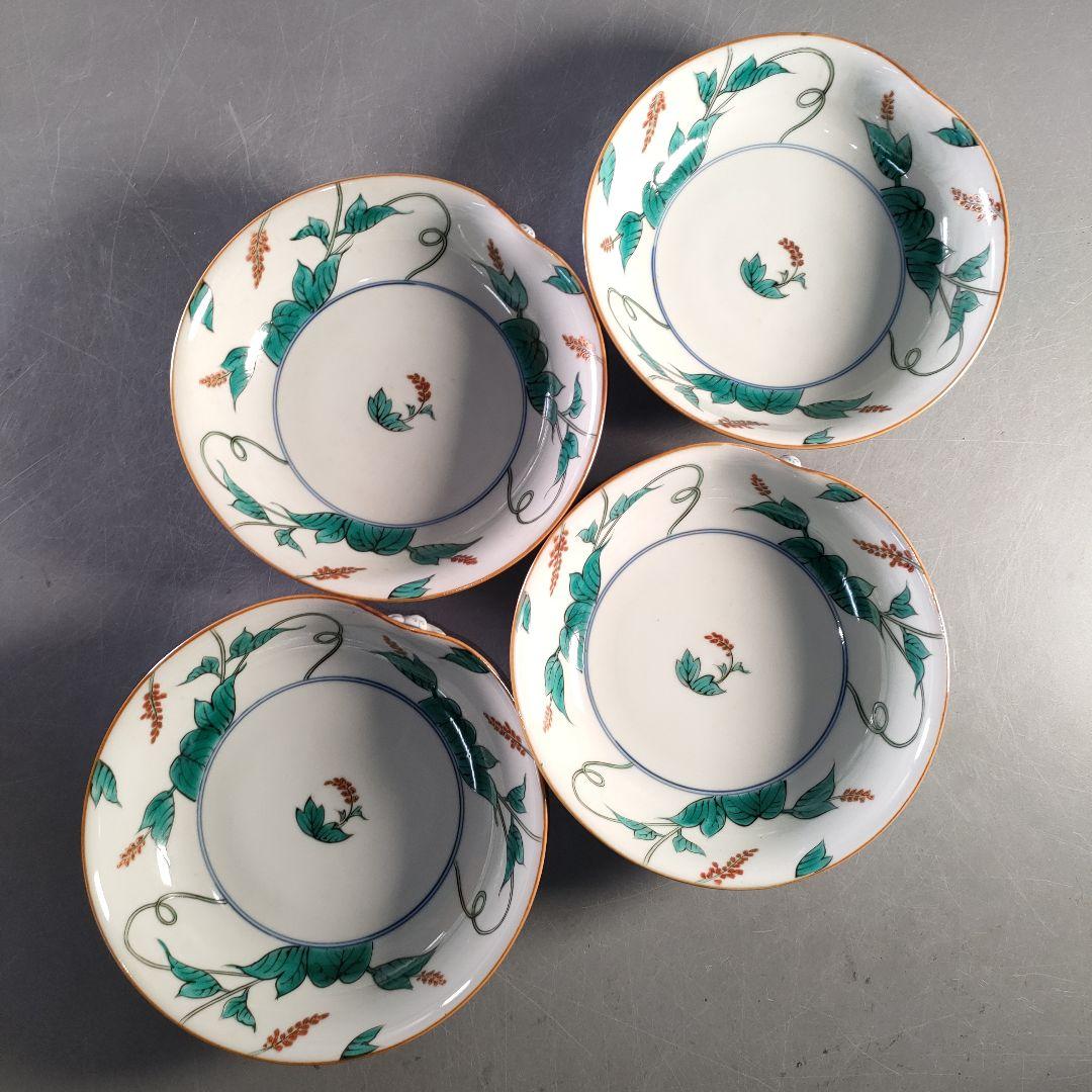 A1366-8/九谷焼/平安岩華 造/着彩草花文一閃人鉢4客/共箱/飾皿/菓子鉢