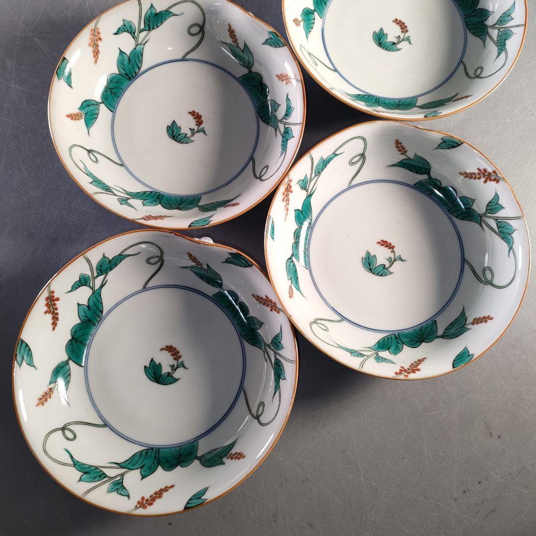 A1366-8/九谷焼/平安岩華 造/着彩草花文一閃人鉢4客/共箱/飾皿/菓子鉢