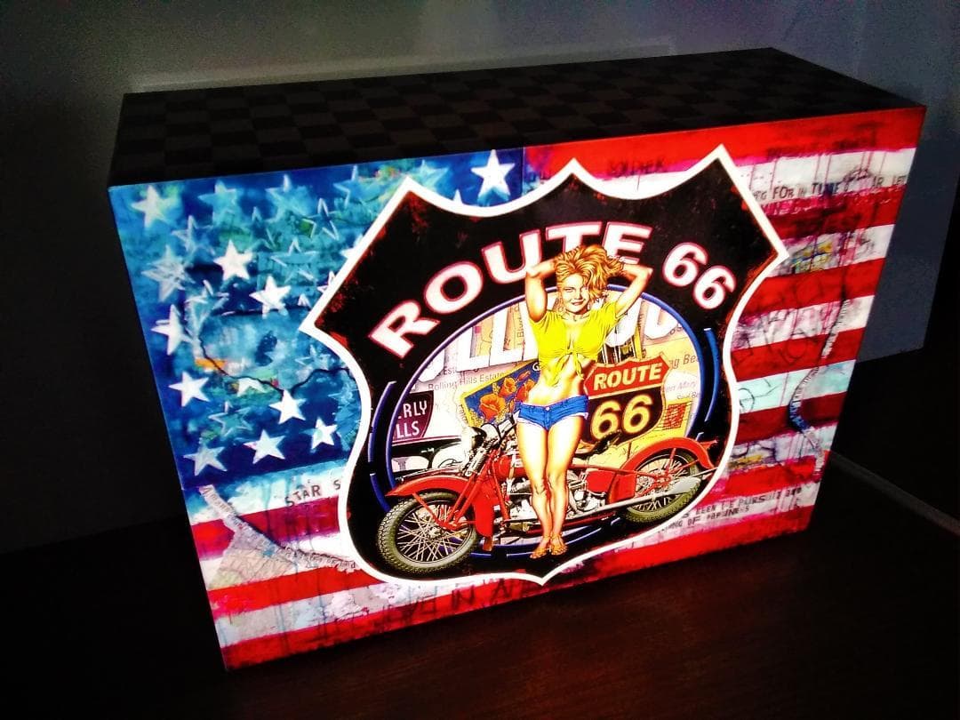 アメリカン バイク ルート66 星条旗 看板 置物 雑貨 ライトBOX 電飾看板