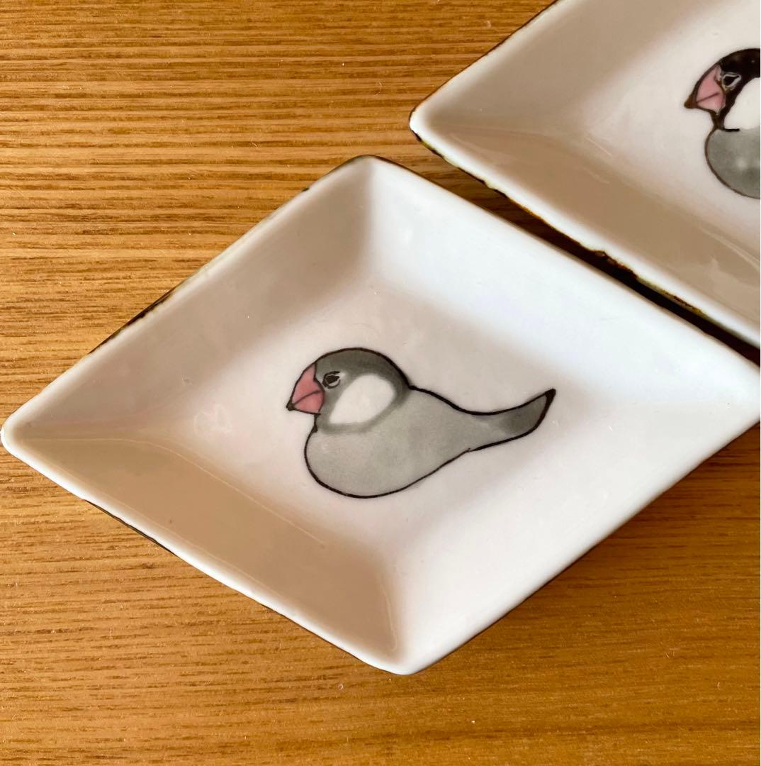 【未使用品】内村七生 桜文鳥 シナモン文鳥 シルバー文鳥 菱形豆皿　3点セット
