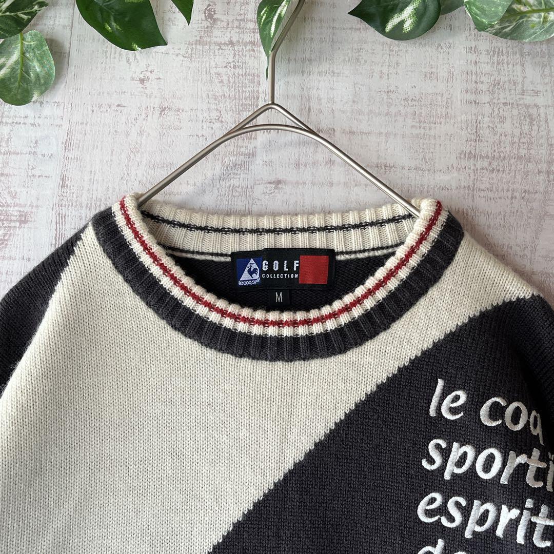 le coq ルコック 斜め切り替えニット セーター 刺繍 ゴルフ ウール混 M