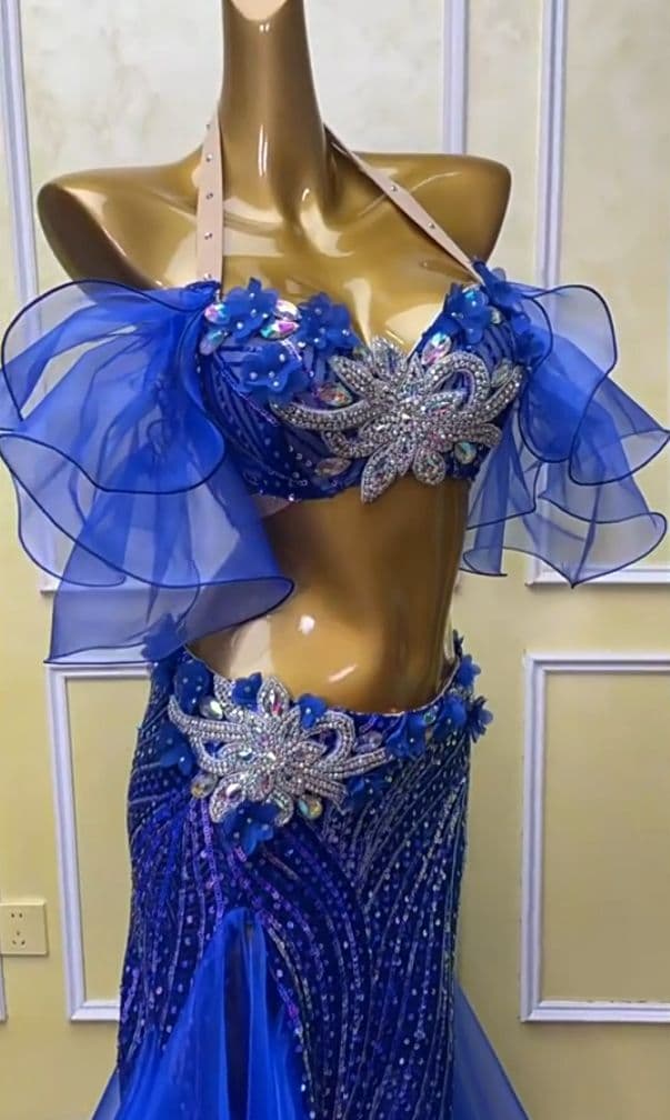 新品 ベリーダンス衣装　上下セット ロイヤルブルー オリエンタル　オーダーメイド