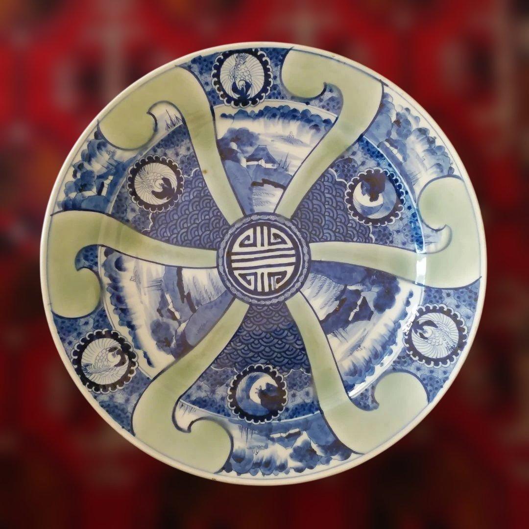 希少　珍品　 古伊万里 有田官窯　青磁染付大皿　特大皿　口径約44cm　有田焼
