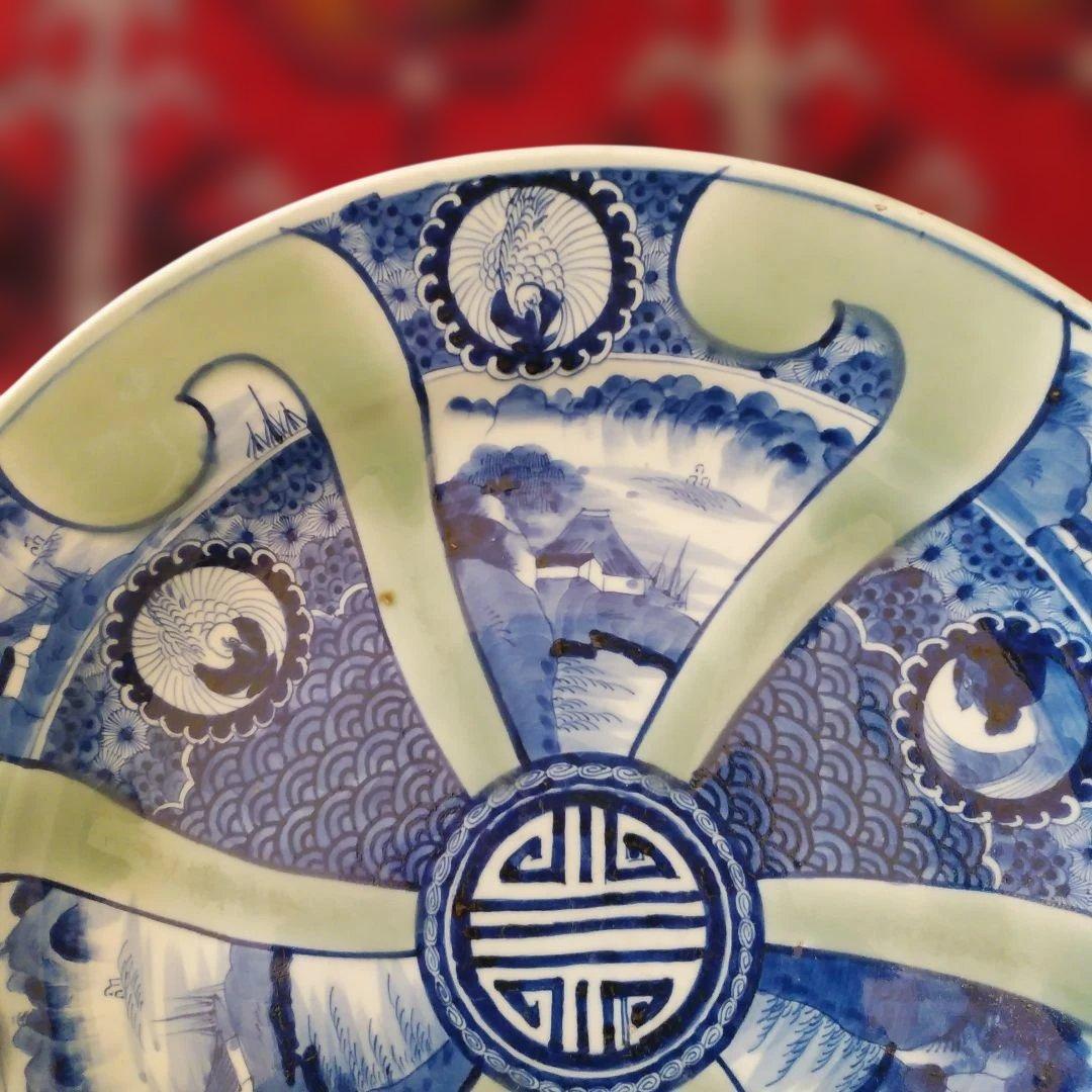 希少　珍品　 古伊万里 有田官窯　青磁染付大皿　特大皿　口径約44cm　有田焼