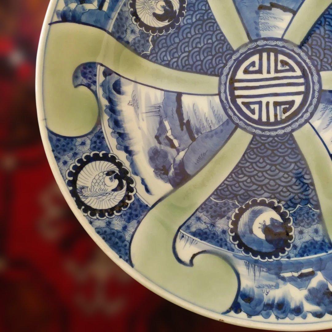 希少　珍品　 古伊万里 有田官窯　青磁染付大皿　特大皿　口径約44cm　有田焼