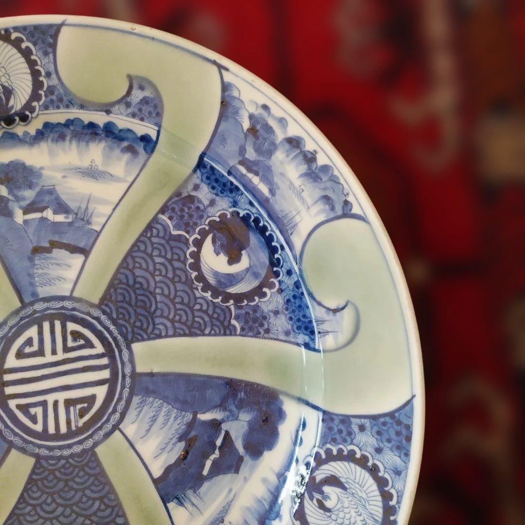 希少　珍品　 古伊万里 有田官窯　青磁染付大皿　特大皿　口径約44cm　有田焼