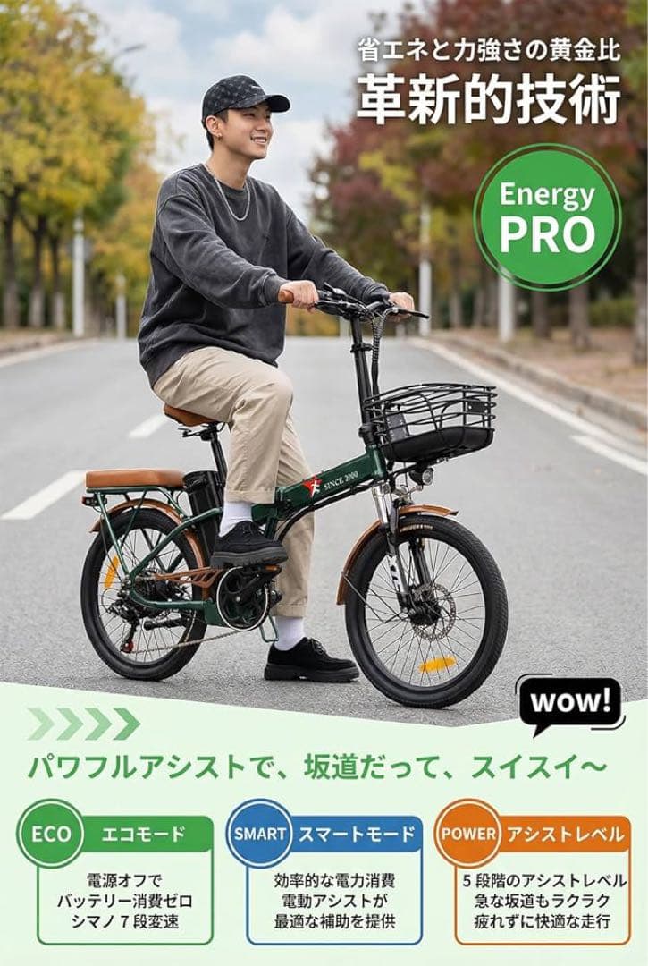 SINCE 2000電動アシスト自転車 折り畳み 20インチ 5段アシスト