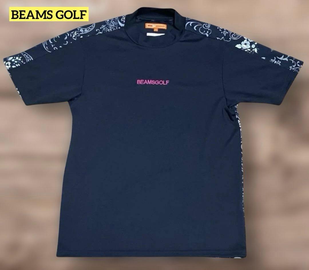 BEAMS GOLF モックネック 半袖 ブラック系ペイズリー柄シャツ　刺繍