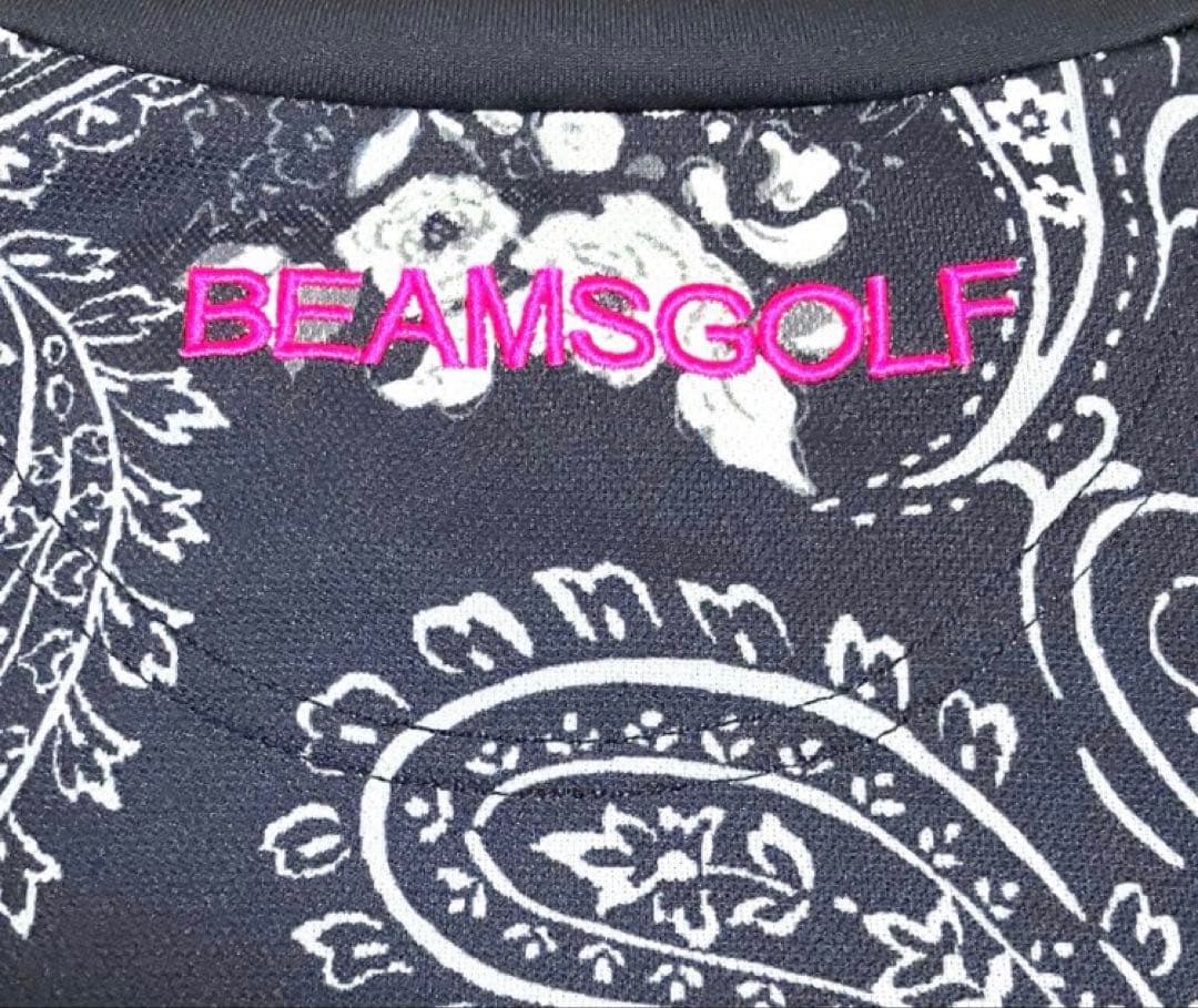 BEAMS GOLF モックネック 半袖 ブラック系ペイズリー柄シャツ　刺繍