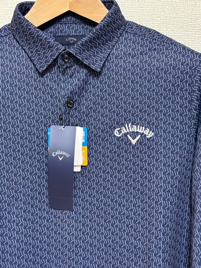 新品タグ付 Callaway キャロウェイ ポロシャツ 長袖M ネイビー 総柄