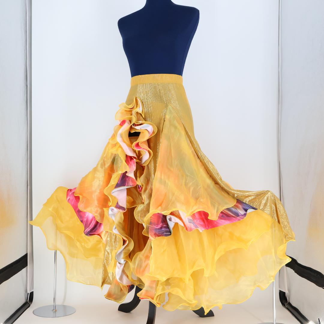【ベリーダンス用 オリエンタル衣装】オレンジ×ゴールド スカート フリル 豪華