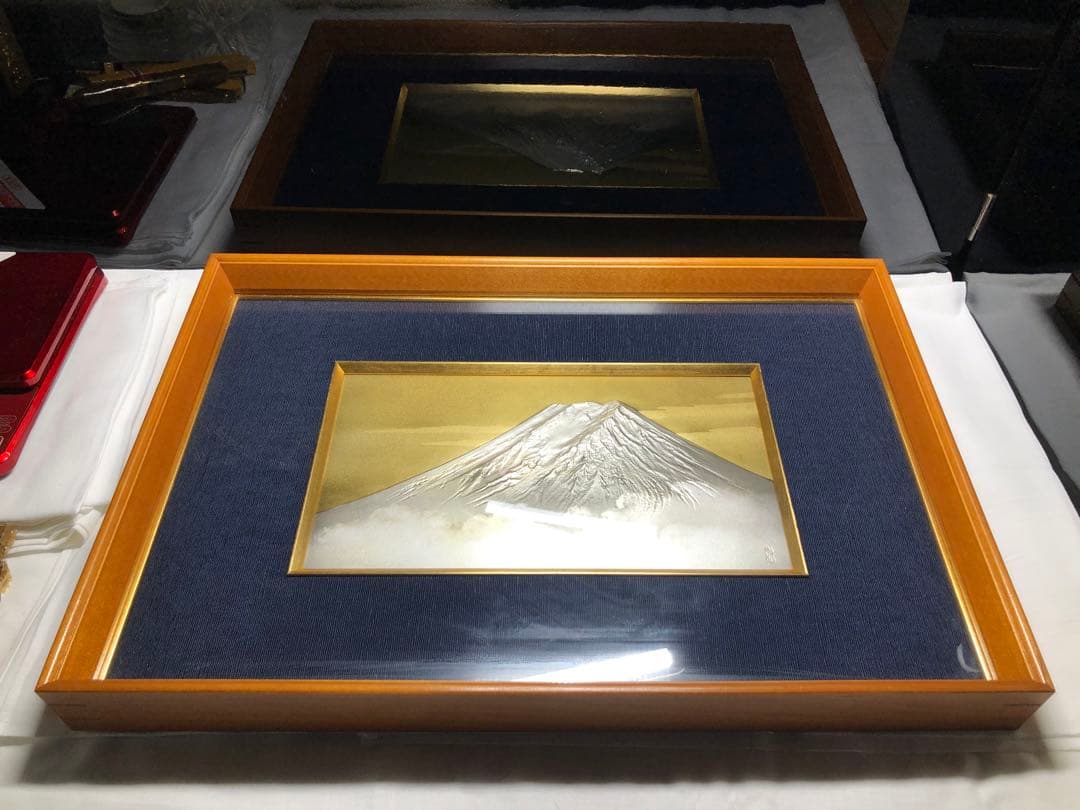 彫金「真作」。名作家。佐野光明 。彫金画 【富士】刻銘。美品。昭和時代。