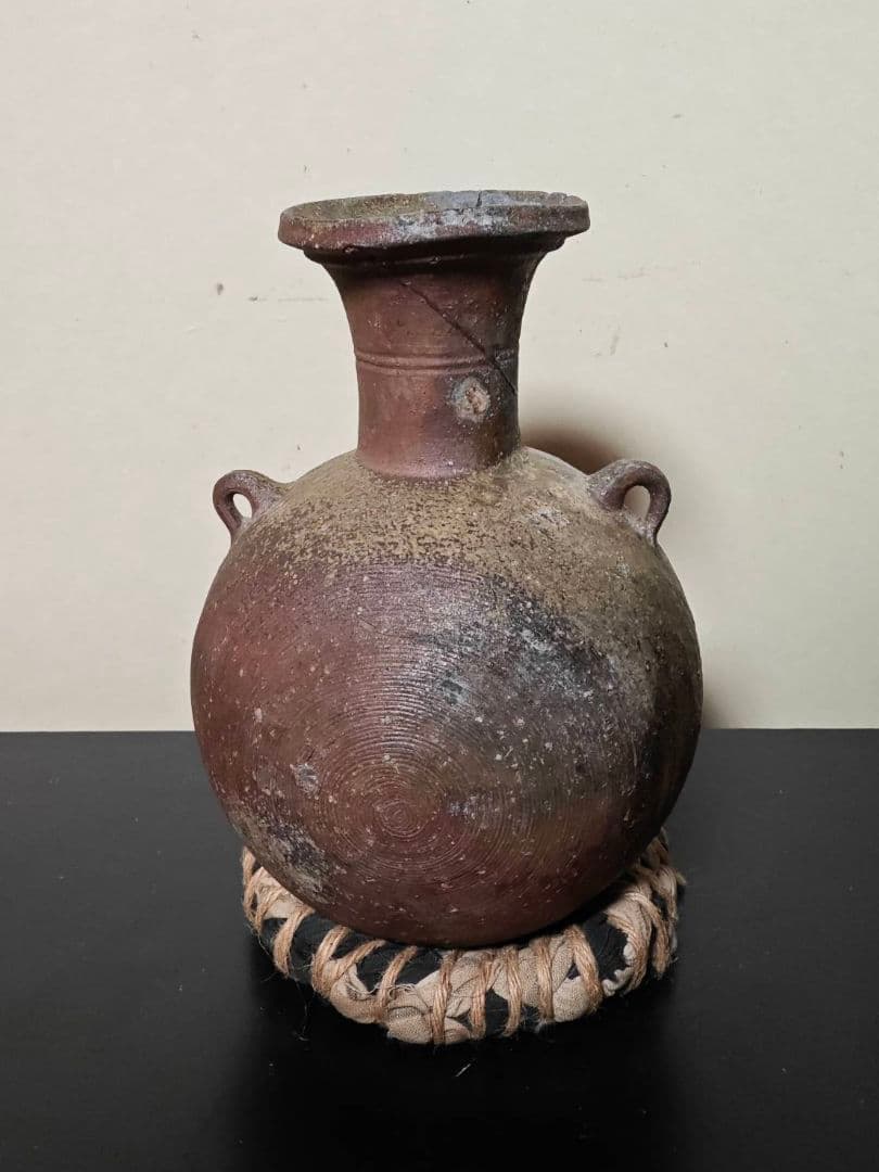 赤上がりの須恵器フラスコ瓶　珍品稀品　古美術　花呼ぶ器