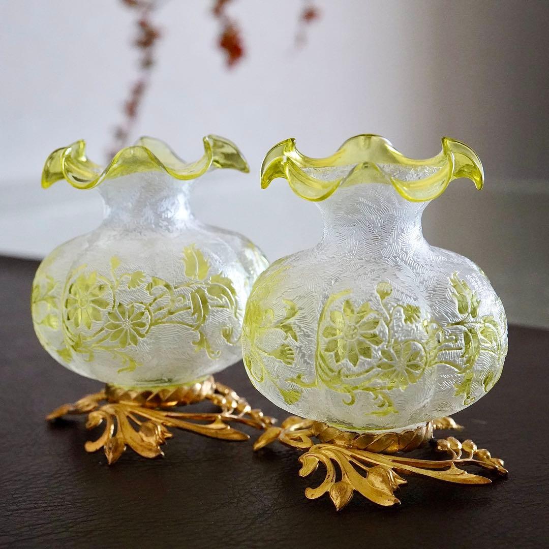 オールドバカラBACCARAT★真鍮台座 花瓶★極美品★希少★アシッドエッチング