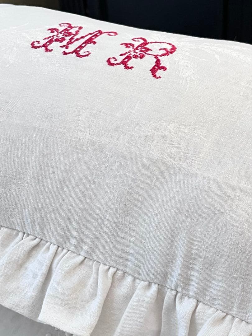 【美品】フランスアンティーク MR赤ハンドステッチ フリルカバー[3314]