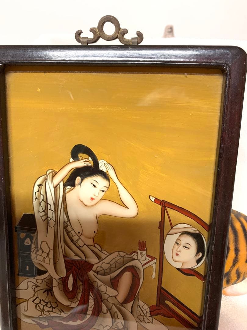 ガラス絵　美人画　中国　アンティーク