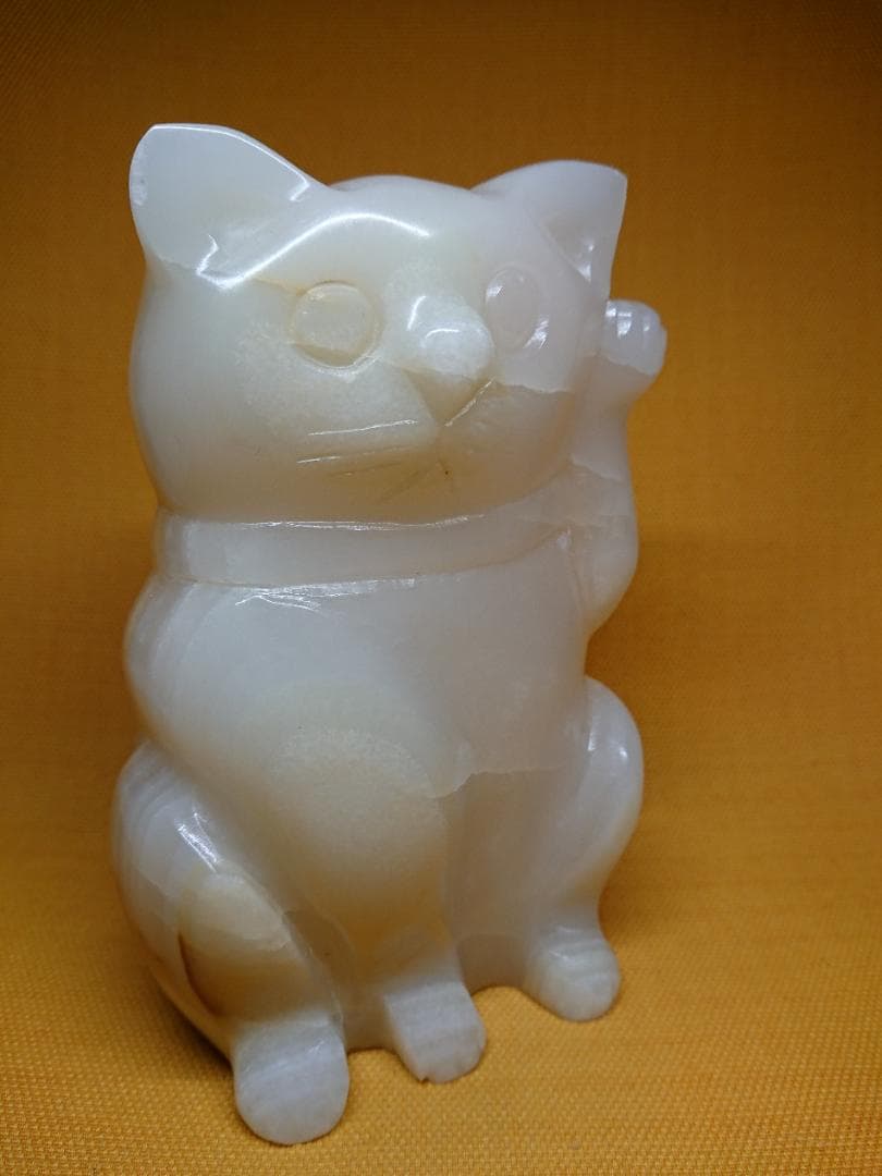 猫　招き猫　天然石　彫刻　オブジェ　置物　インテリア　工芸品　美術品　A3322