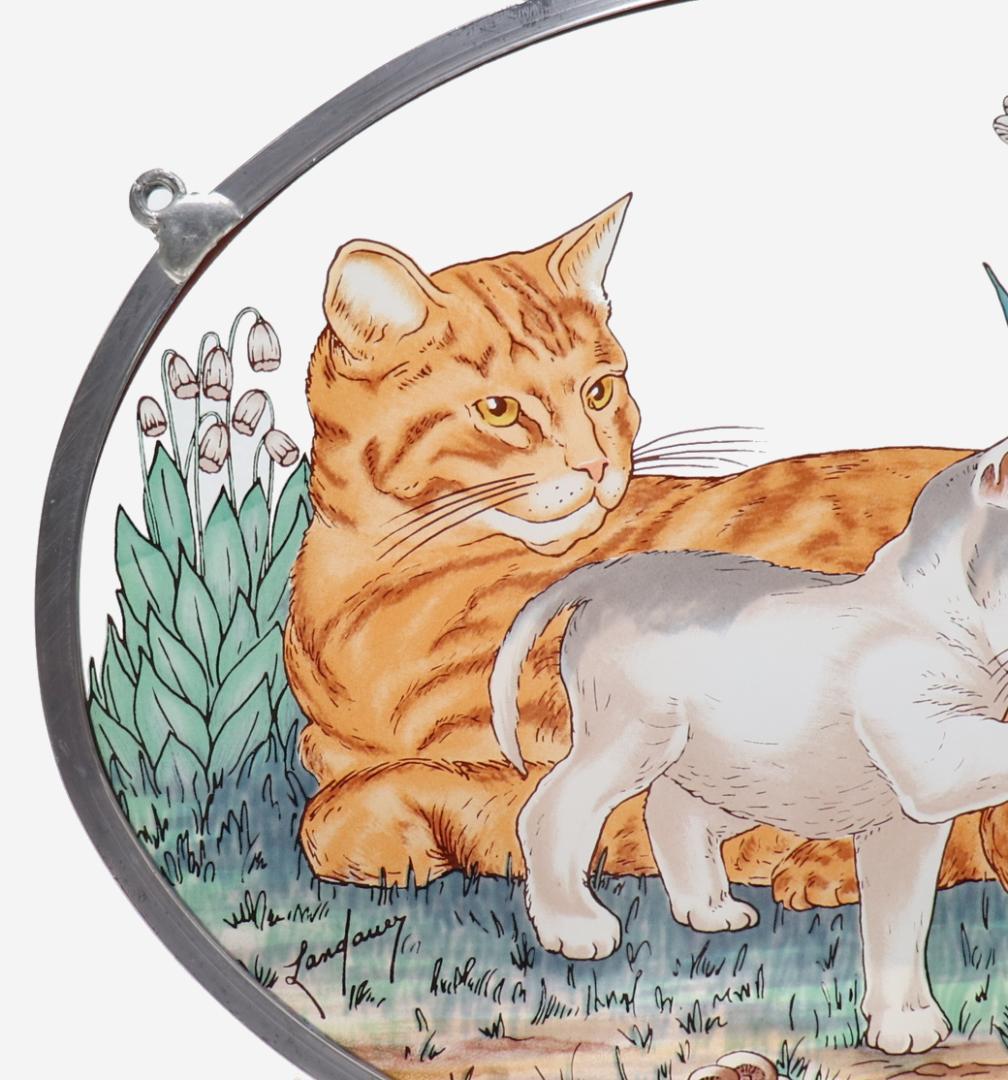 二匹の猫とミツバチと三種の花 ヴィンテージ ステンドグラス キジトラ 蜜蜂