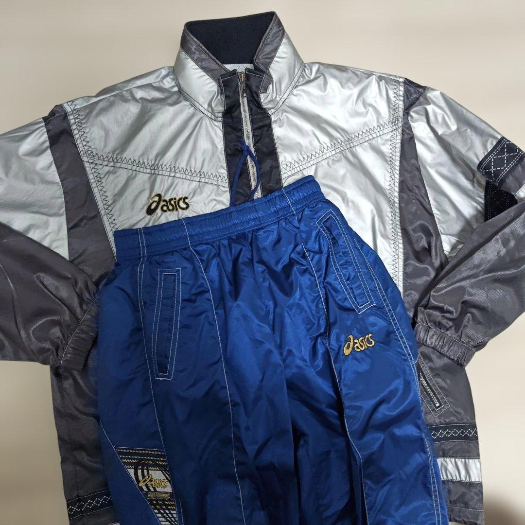 アシックスASICS　90’s 上下ウインドブレーカーセットアップ　光沢シルバー