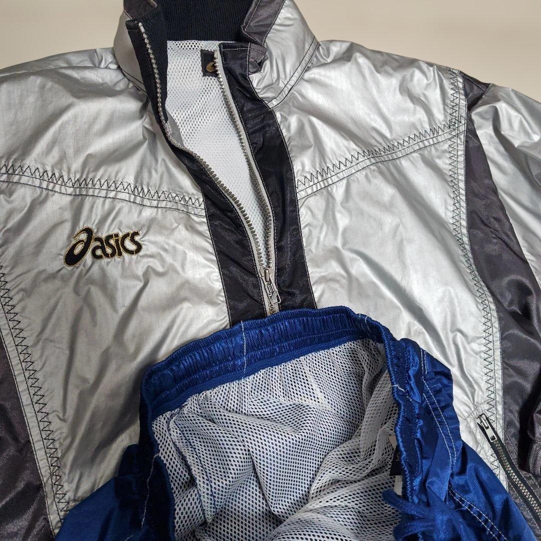アシックスASICS　90’s 上下ウインドブレーカーセットアップ　光沢シルバー