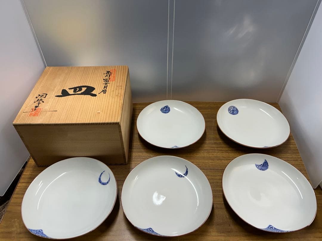 京焼　清水焼　陶峰造　染付冨士月暦　皿　5客　共箱付き