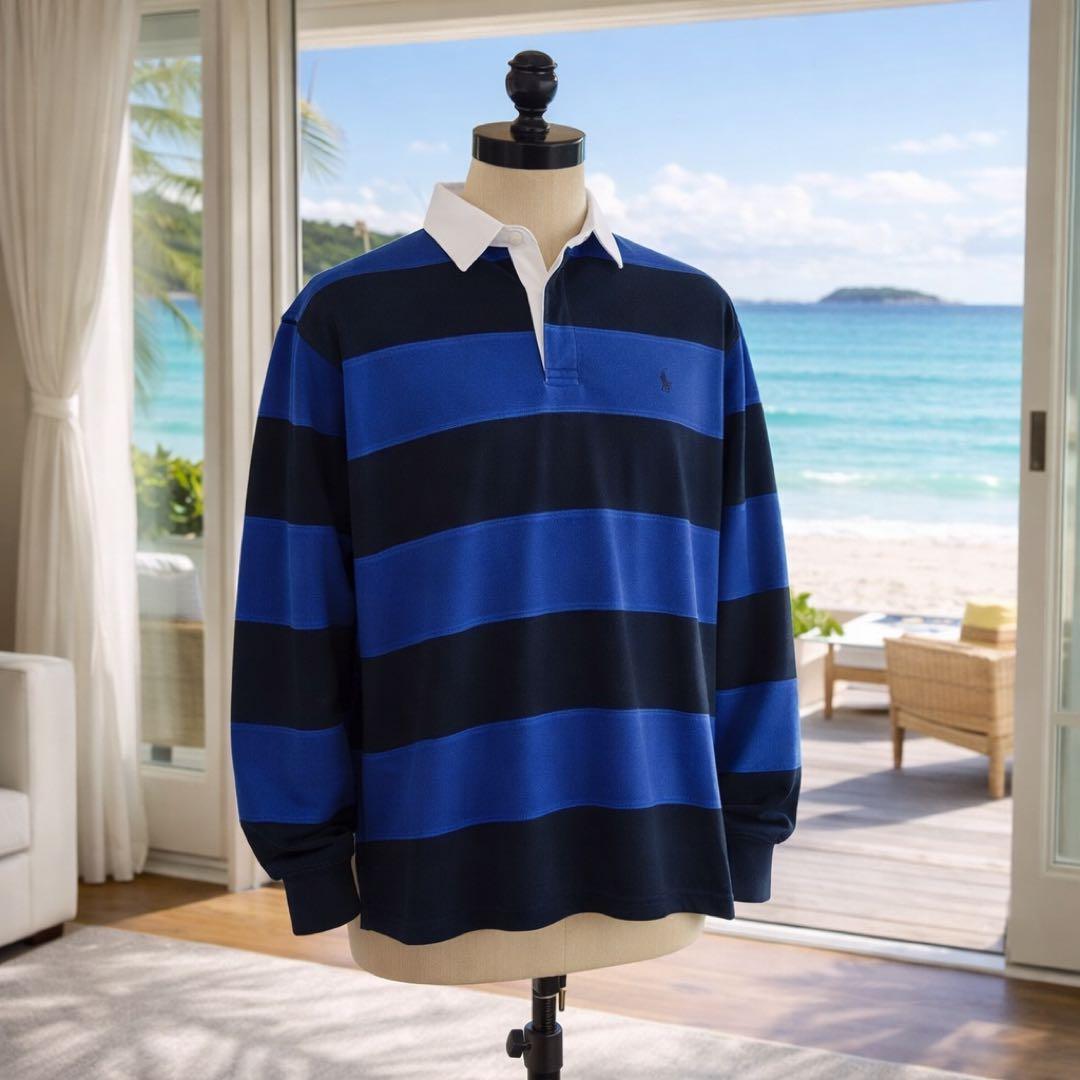 Polo Ralph Lauren ラガーシャツ M 青黒ボーダー ポニーロゴ