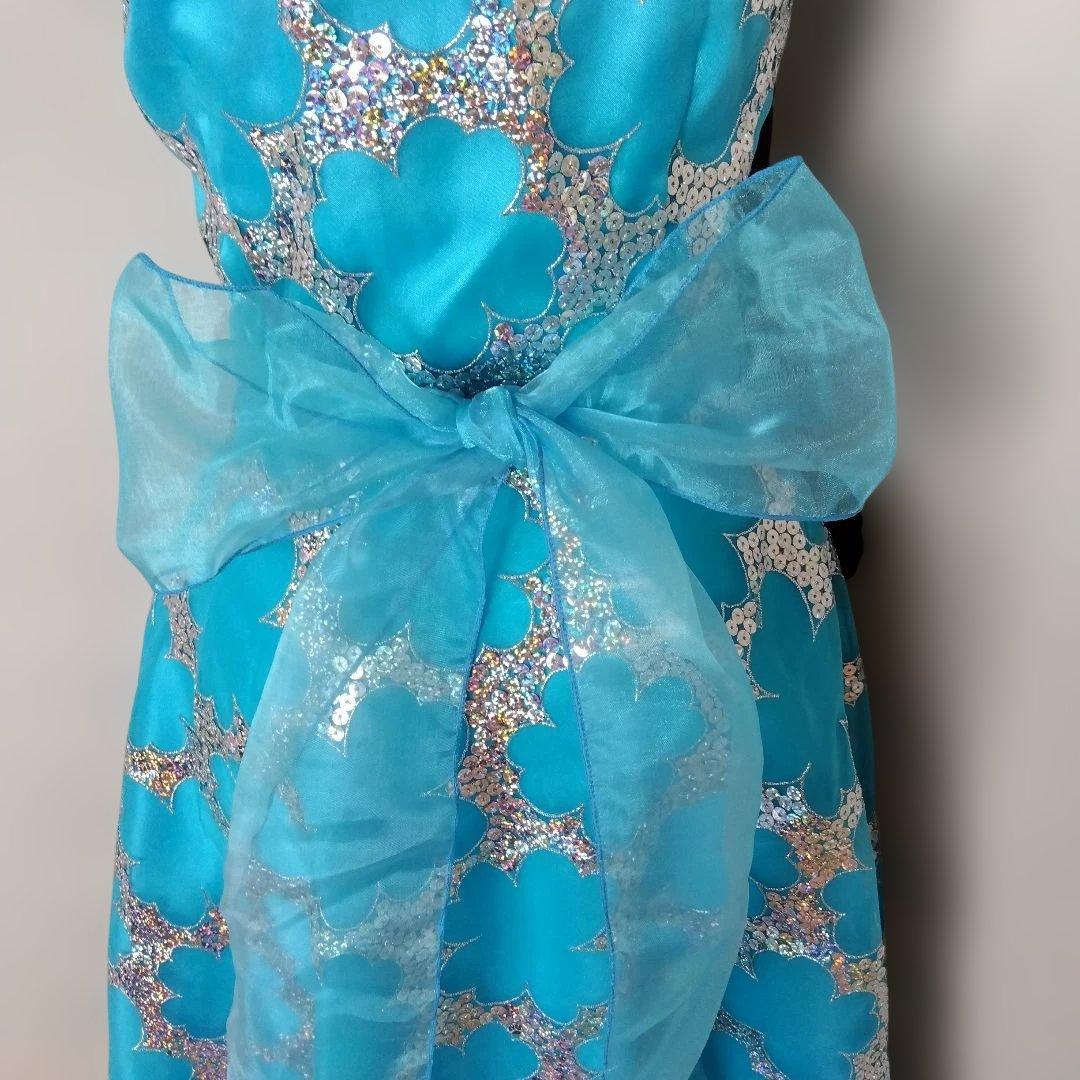 青い花柄ドレス Aライン ノースリーブ