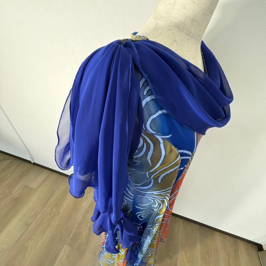 シフォンワンピース｜ドレープネック×ティアード袖｜社交ダンス　ロングドレス