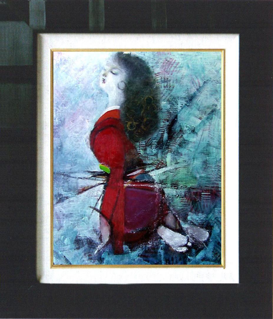油絵 菅家令子 絵 絵画インテリア額付(青緑＋金色の枠) F6-031201女性