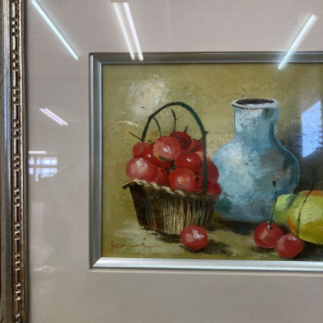静物画 油彩画 「果物と花瓶」 サイン入り 額装 豪華額縁 アート 絵画