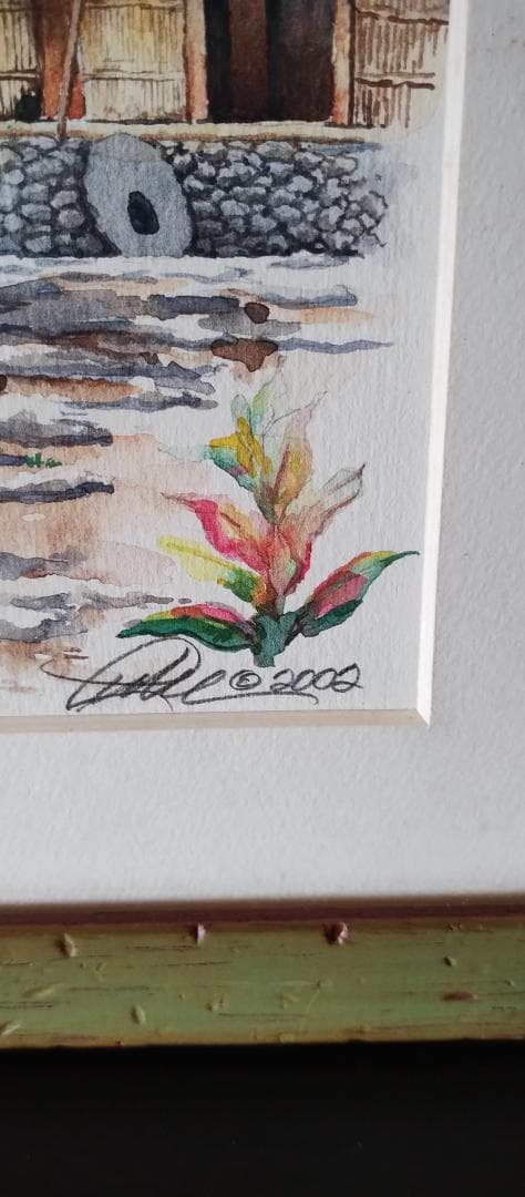 南国ヤップ島　水彩画　額付　約46×39cm　インテリア