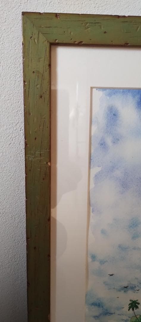 南国ヤップ島　水彩画　額付　約46×39cm　インテリア