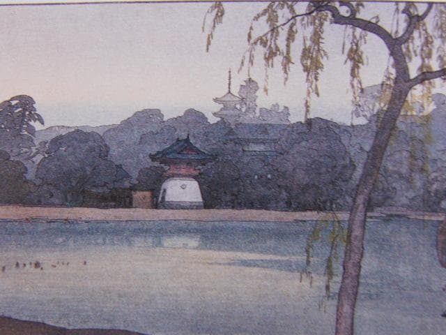 吉田博、【池之端】、極小サイズ、希少画集画、高級新品額・額装付、状態美麗