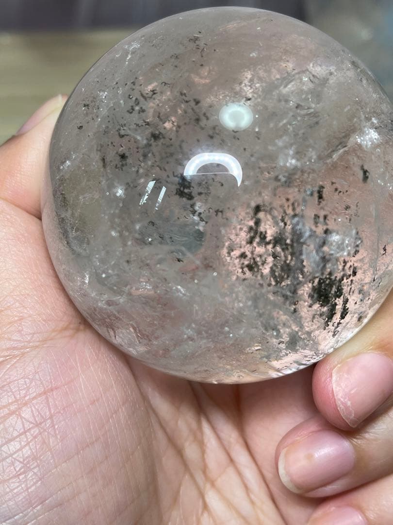 綺麗　天然石　 レインボー アイリスクォーツ　緑幽霊　共生 水晶丸玉 スフィア