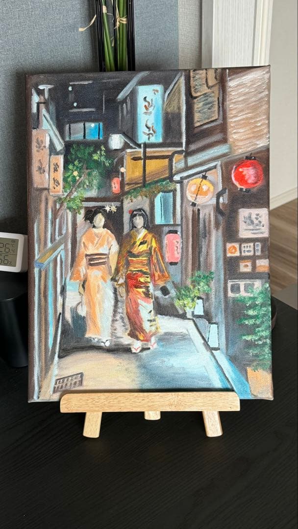 「京都の路地裏」　手描き　肉筆　油絵　風景画　原画　油彩画　京都