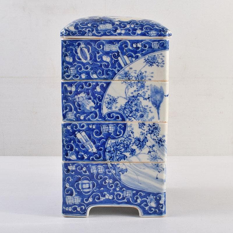 瀬戸焼　古瀬戸　染付　青山安次郎製画　花鳥文　四段重箱　F　R9572