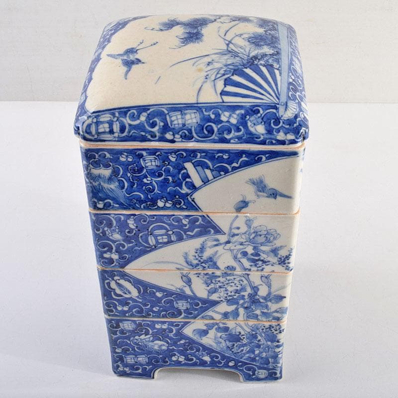 瀬戸焼　古瀬戸　染付　青山安次郎製画　花鳥文　四段重箱　F　R9572