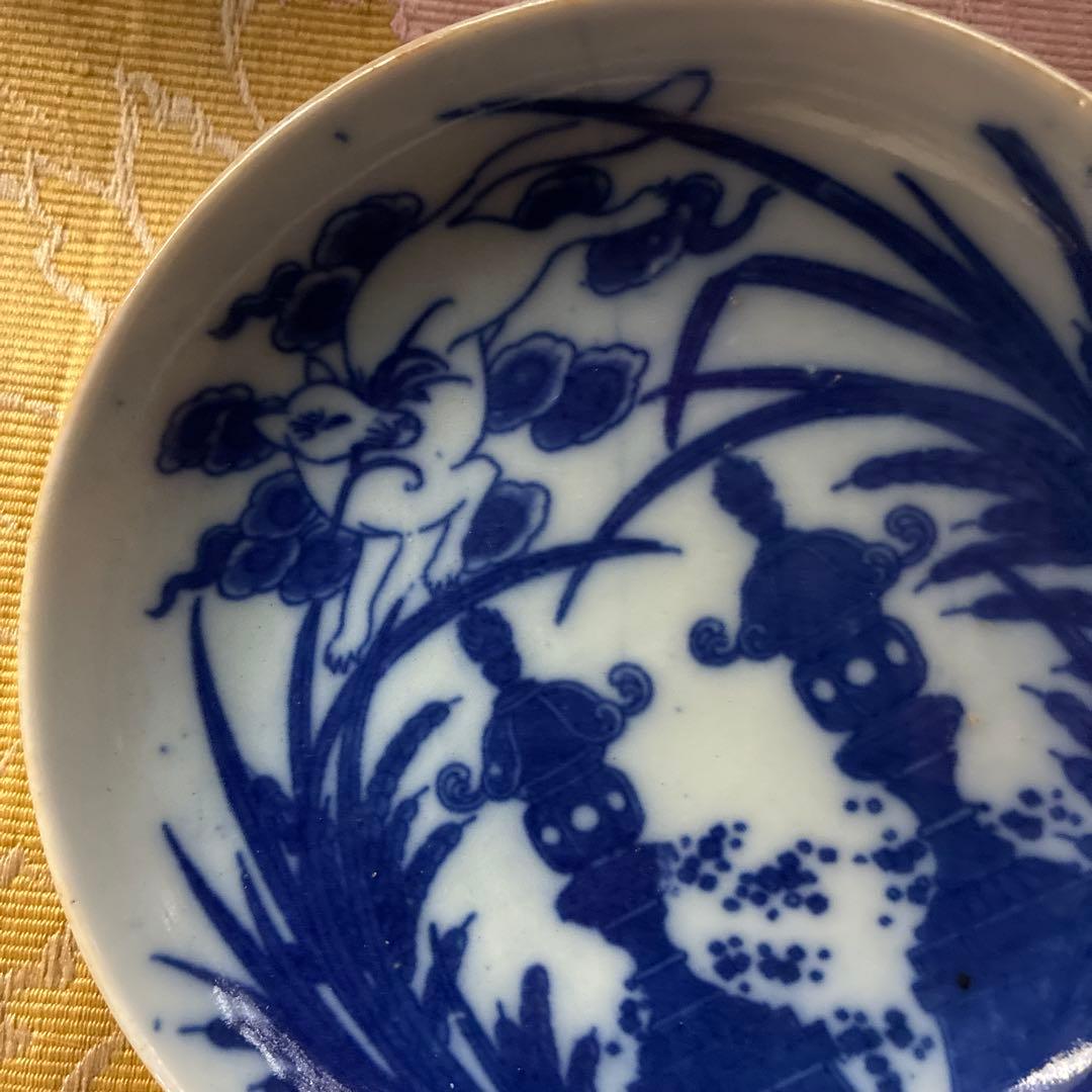 骨董　図変わり印判手　超希少　稲荷神社の図　妖狐に石燈籠　蒲　手塩皿　１客限り