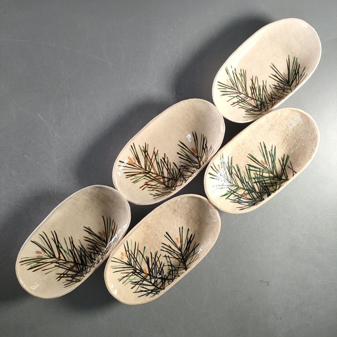A1364-9/伊藤陶山 造/若松絵足付向附5客/共箱/銘々皿/飾皿/懐石道具/