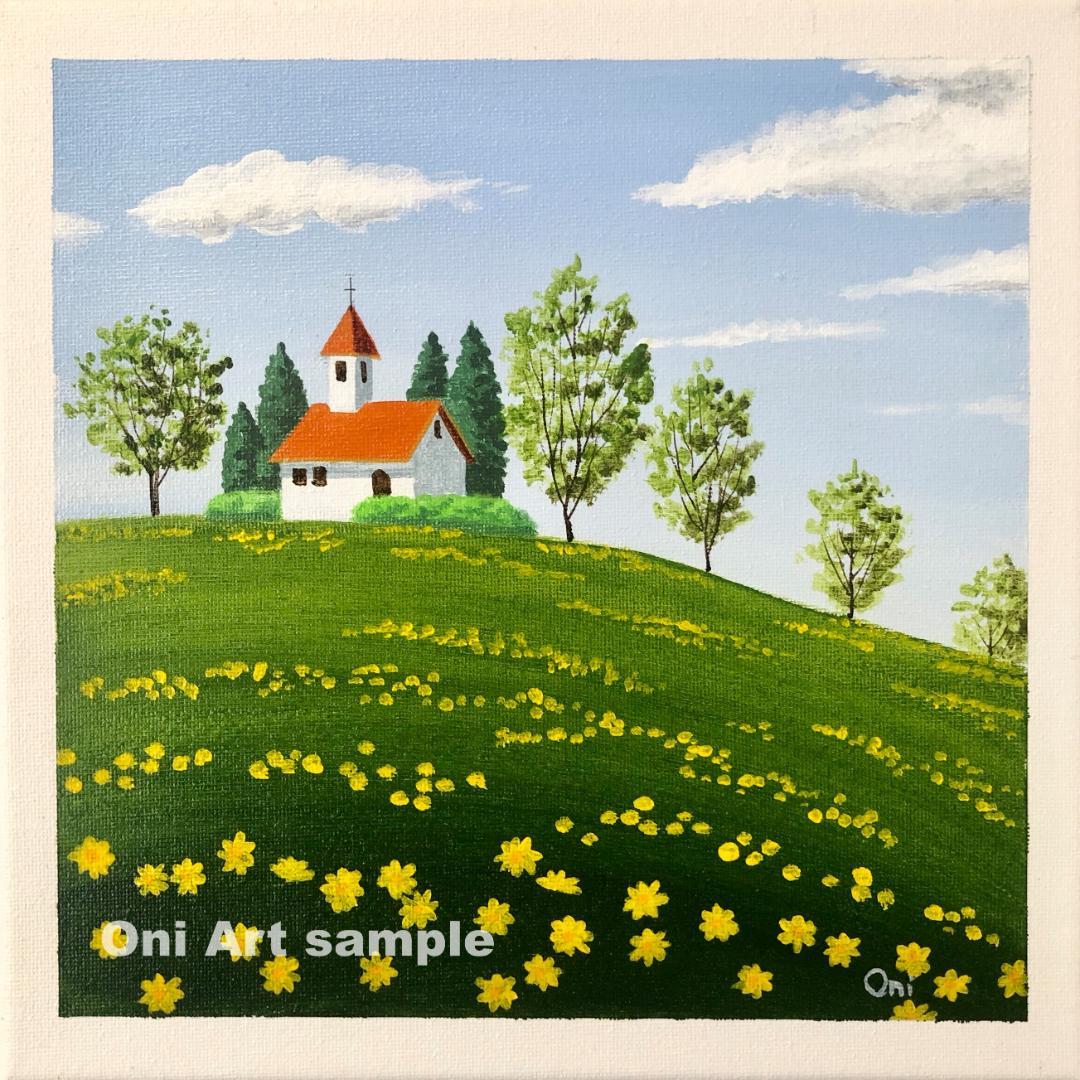 アクリル画　原画　「丘の上の教会で02」　25cm角　キャンバス　風景画