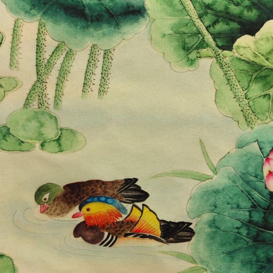 张大千 荷花鸳鸯 中国画 掛け軸 水墨画 和室 玄関 茶室 壁掛け 美術品