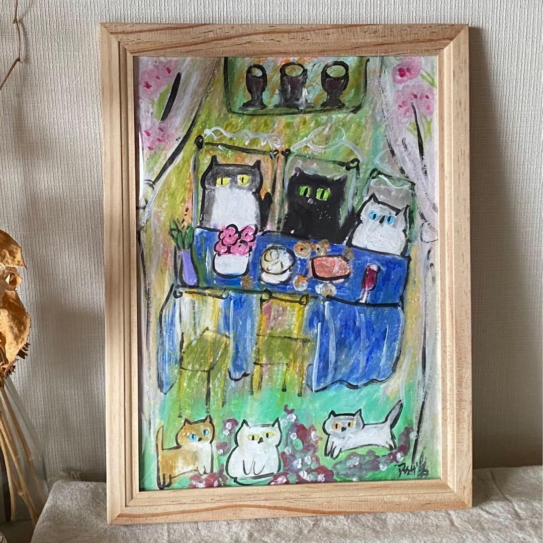 絵画 。手描き【猫たちの楽しい夕食】