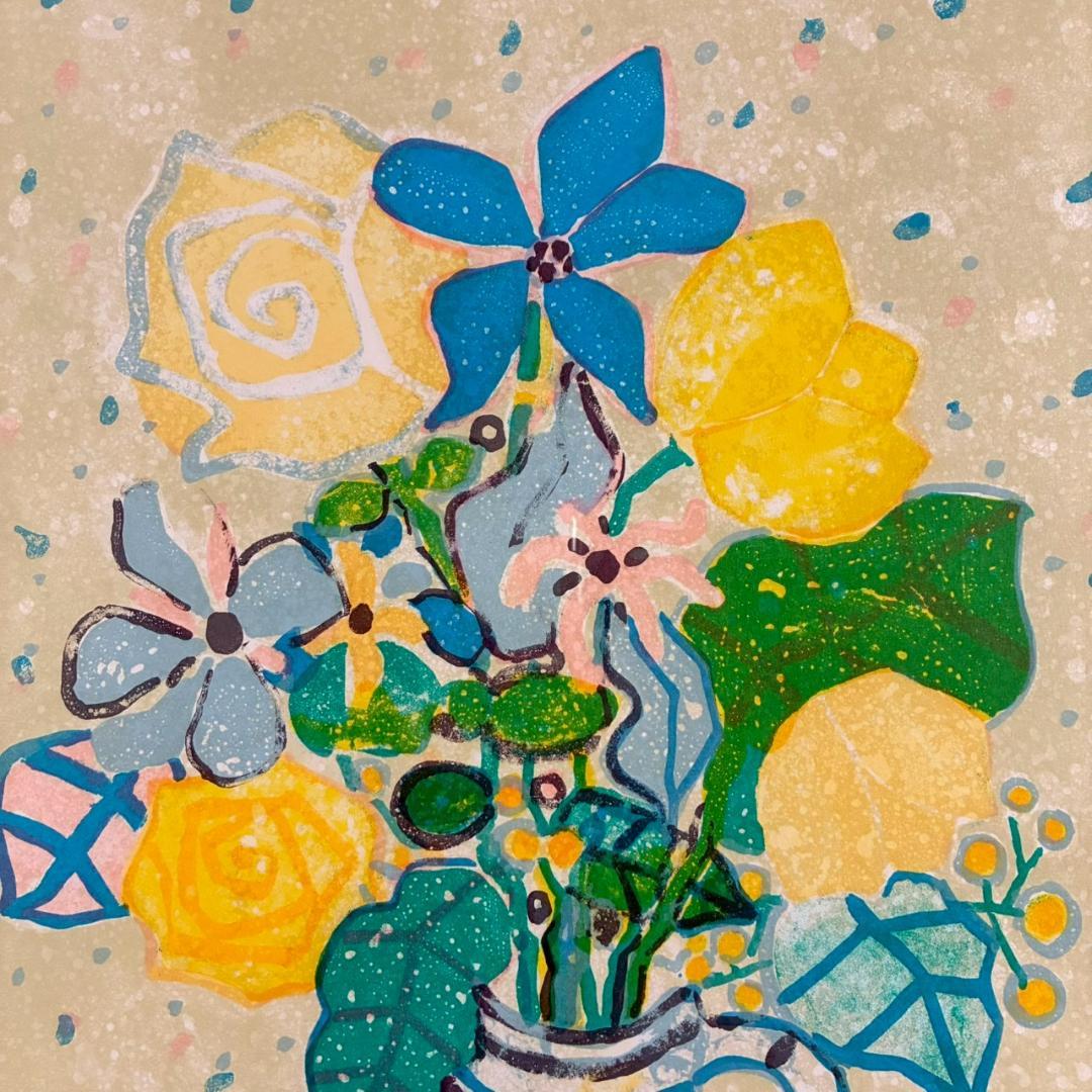 美品 ポール・アイズピリ「ベージュ背景のバラの花束」リトグラフ サイン入 古径額
