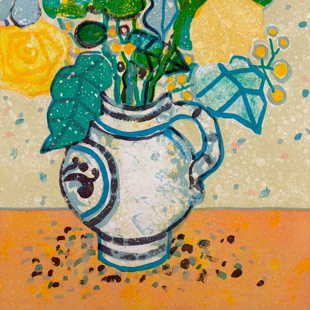 美品 ポール・アイズピリ「ベージュ背景のバラの花束」リトグラフ サイン入 古径額