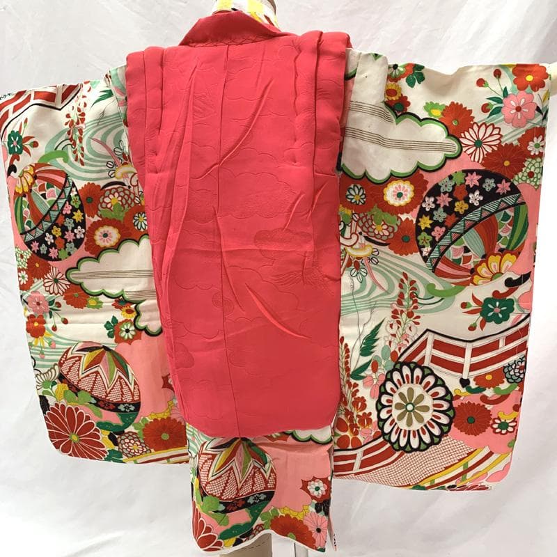 512ag73□七五三 三歳 セミアンティーク 女児 着物&被布 毬 菊 雲取□